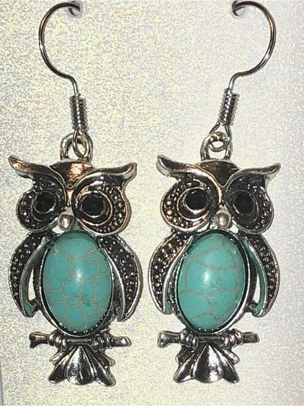 BOHO OWL EARRINGS | Faux Turquoise Black Rhinestone on Silver Toned Metal